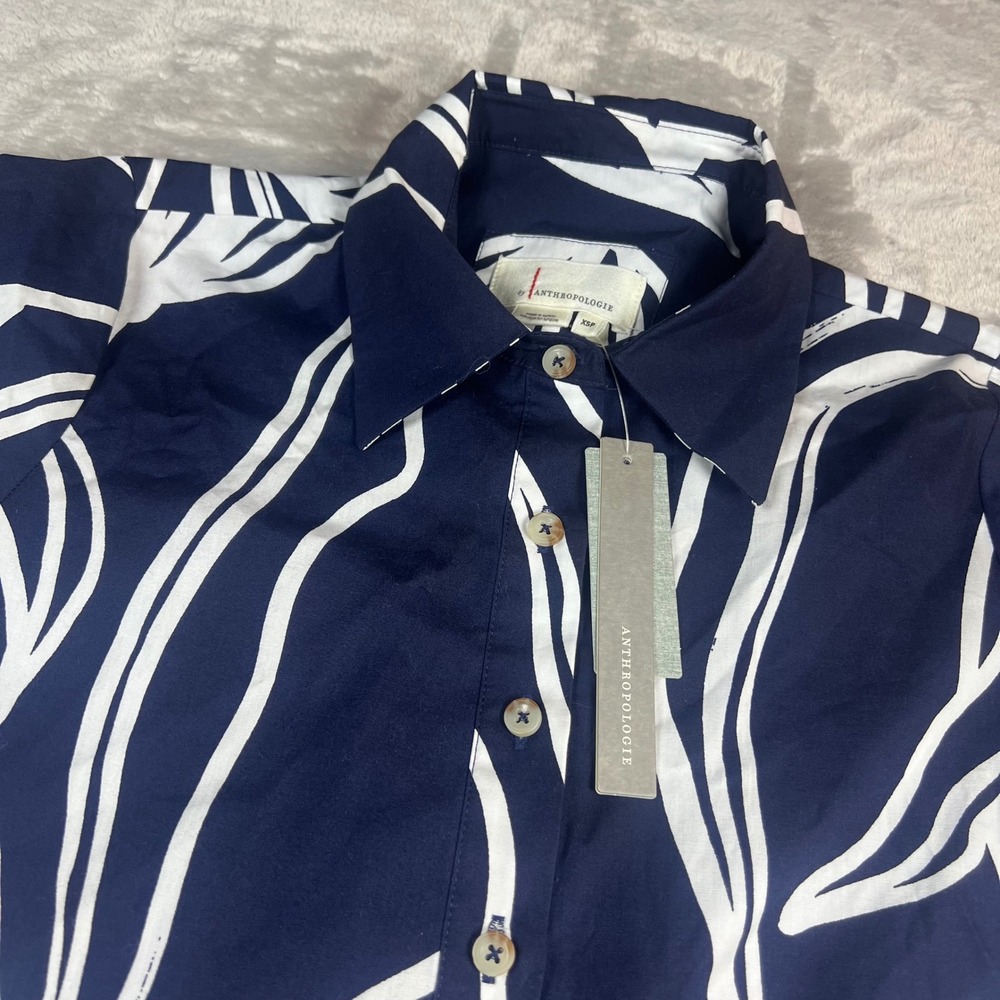 NWT Anthropologie Women's XSP Petite Shirt Dress Navy White Floral Leaf Cotton